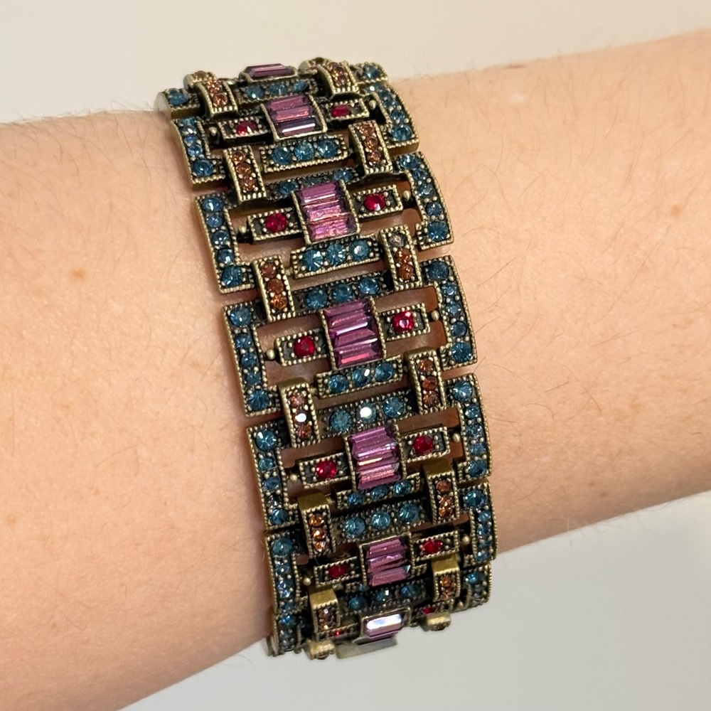 Vintage Heidi Daus Rhinestone Wide Bracelet Geometric Purple Blue Bronze Orange